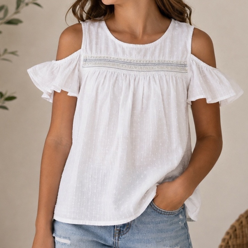 Cat & Jack Girls White Cold Shoulder Flutter Sleeve Boho Blouse Top Size L